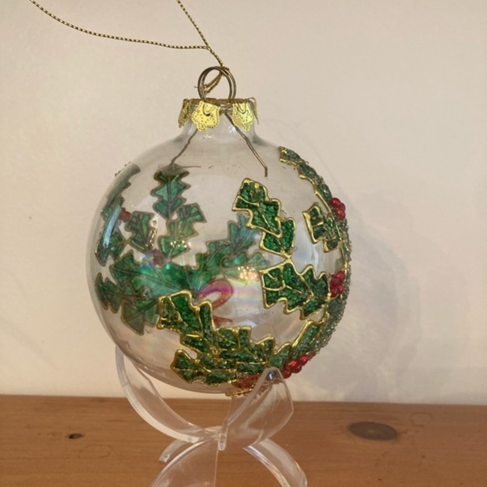 Large 3.5” Glass Ball Christmas Ornament Holly Berry Painted Glitter